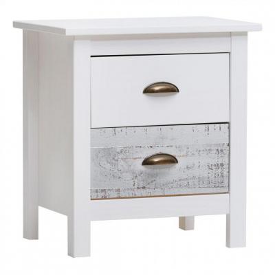 Chevet 2 tiroirs 46x35x49 cm en pin blanc, gris et beige - KINDA 
