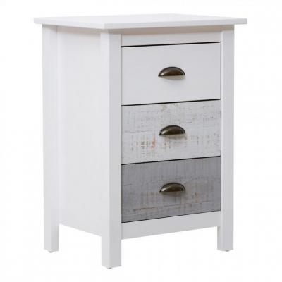 Chevet 3 tiroirs 46x35x65 cm en pin blanc, gris et beige - KINDA