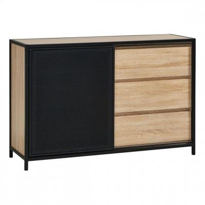 Commode 3 tiroirs 1 porte indus OSKAR imitation ch&ecirc;ne et acier