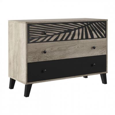 Commode 3 tiroirs avec motif PALMA noir et imitation ch&ecirc;ne