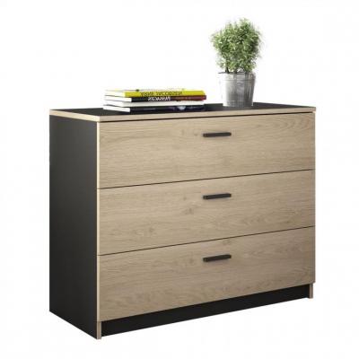 Commode 3 tiroirs TONIGHT - style industriel imitation ch&ecirc;ne et noir