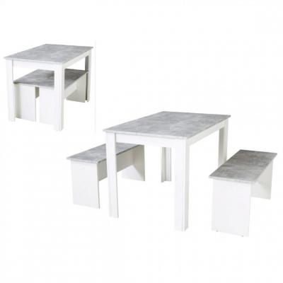 Ensemble table &agrave; manger et 2 bancs design PASTA Blanc et imitation b&eacute;ton