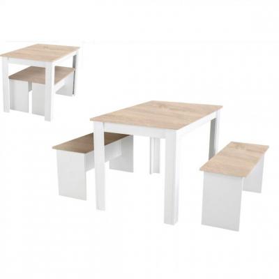 Ensemble table &agrave; manger et 2 bancs PASTA blanc et imitation ch&ecirc;ne