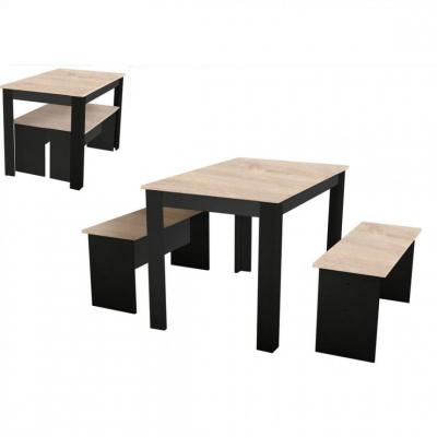 Ensemble table &agrave; manger et 2 bancs PASTA noir et imitation ch&ecirc;ne