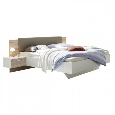 Lit 140x190 cm avec chevets suspendus GRAVITA imitation ch&ecirc;ne et blanc