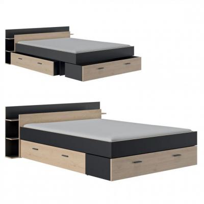 Lit 140x190 cm avec rangements TONIGHT imitation ch&ecirc;ne et noir