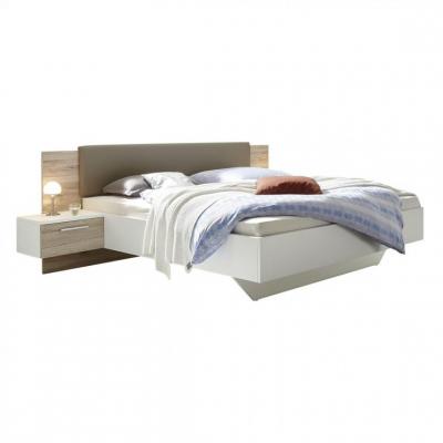 Lit 160x200 cm avec chevets suspendus GRAVITA imitation ch&ecirc;ne et blanc