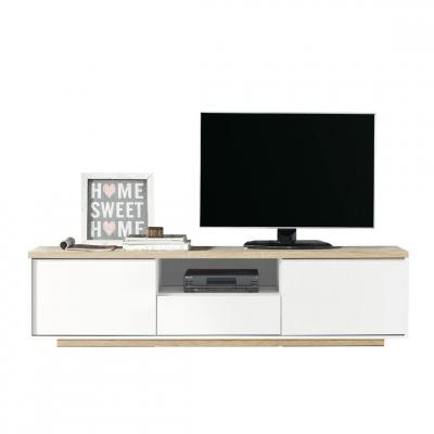 PEGANE Meuble tv coloris blanc / ch&ecirc;ne cambrian - longueur 183 x profondeur 35 x hauteur 46 cm