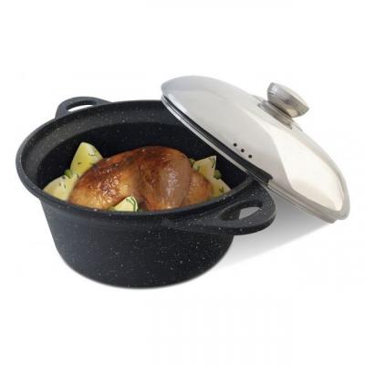 Faitout fa&ccedil;on pierre 24cm KitchenPro - Venteo - Faitout avec rev&ecirc;tement antiadh&eacute;sif et son couvercle en verre