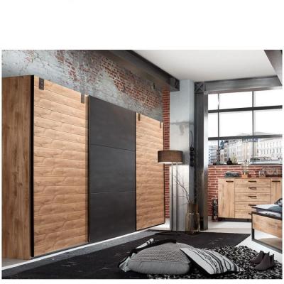 Armoire 3 portes coulissantes PORTLAND style industriel 300 cm ch&ecirc;ne graphite