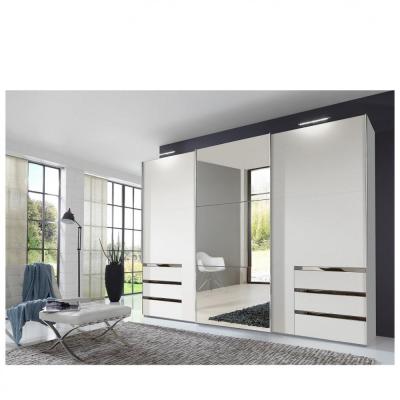 Armoire coulissante lisbeth 2 portes 6 tiroirs blanc 1 miroir 300 x 236 cm ht