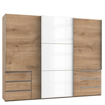 Armoire coulissante LISEA 3 portes 6 tiroirs ch&ecirc;ne poutre verre blanc 300 x 236 cm HT