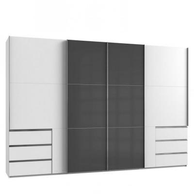 Armoire coulissante LISEA 4 portes 6 tiroirs blanc verre anthracite 350 x 236 cmHT