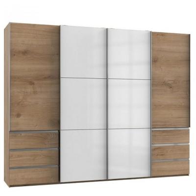 Armoire coulissante LISEA 4 portes 6 tiroirs ch&ecirc;ne poutre verre blanc 300 x 236 cm HT