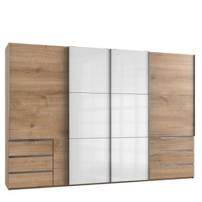 Armoire coulissante LISEA 4 portes 6 tiroirs ch&ecirc;ne poutre verre blanc 350 x 236 cm HT