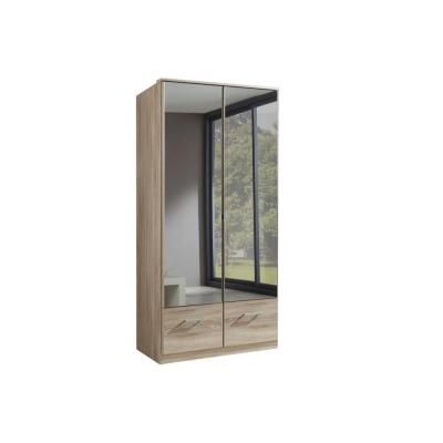 Armoire penderie DINGLE 2 portes miroirs 2 tiroirs largeur 91 ch&ecirc;ne