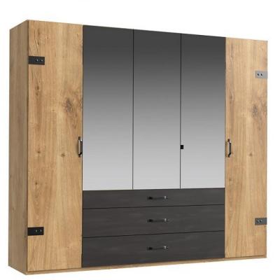 Armoire portland style industriel 250 cm 5 portes 3 miroirs ch&ecirc;ne poutre / graphite