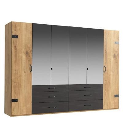 Armoire portland style industriel 300 cm 6 portes 4 miroirs ch&ecirc;ne poutre graphite