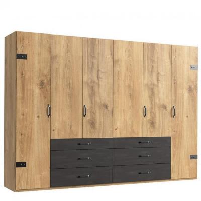 Armoire PORTLAND style industriel 300 cm 6 portes ch&ecirc;ne poutre / graphite