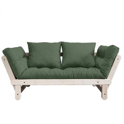 KARUP DESIGN Banquette m&eacute;ridienne futon beat pin naturel tissu coloris vert olive couchage 75*200 cm.
