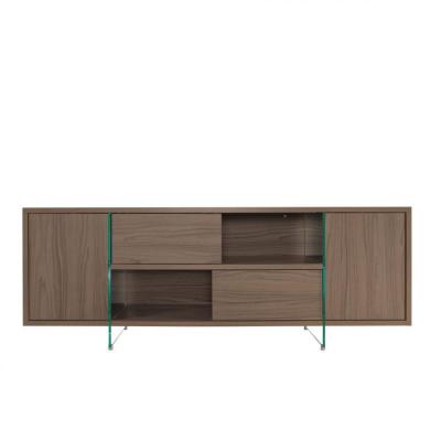 PEZZANI Buffet/Meuble TV design MADY 180cm Noyer portes coulissantes et pi&egrave;tement en verre
