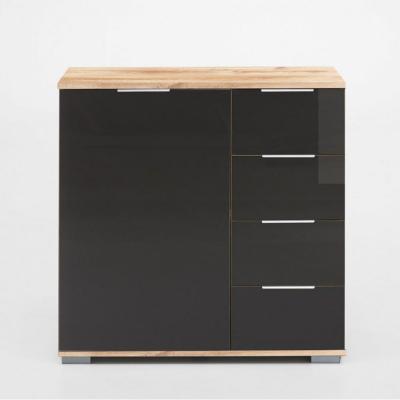 Commode ensse 4 tiroirs 1 porte ch&ecirc;ne poutre et verre gris