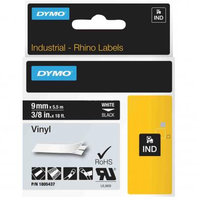 DYMO Rhino - Etiquettes Industrielles Vinyle 9mm x 5.5m - Blanc sur Noir
