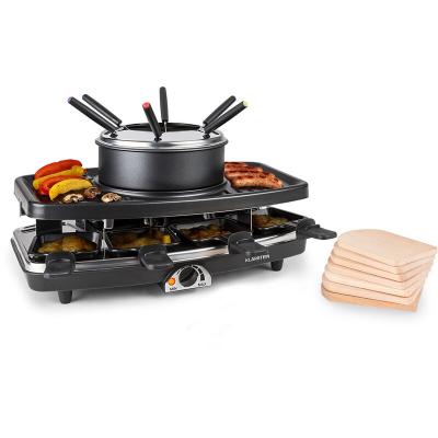KLARSTEIN  Appareil a Raclette et Fondue 3-en-1, Machine a Raclette avec Pierrade de 1100W, Gril en Pierre, Appareil Raclette pour 8 Personnes, Poelon