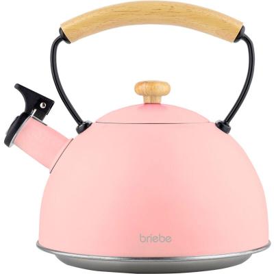 BRIEBE Bouilloire &agrave; Induction Th&eacute;i&egrave;re Sifflet 2,3L Acier Inox. Retro, Poign&eacute;e en Bois Rose Pastel
