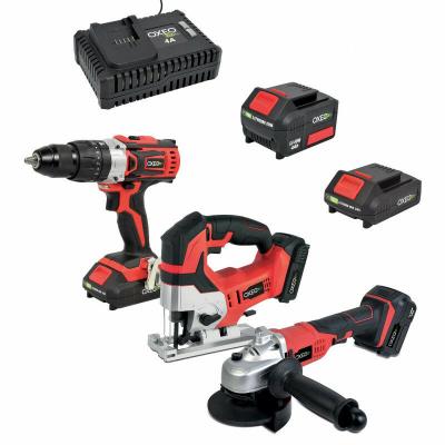 OXEO  &ndash; Pack d'outils &eacute;lectroportatifs 18V &ndash; Perceuse, meuleuse, scie sauteuse &ndash; 2 batteries 2Ah et 4Ah &ndash; Chargeur rapide inclus