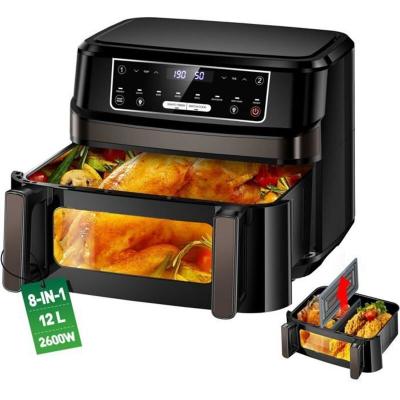  Friteuse &agrave; air chaud XXL 12L une ou double chambres r&eacute;glables, &eacute;cran tactile 8 programmes