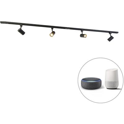 QAZQA Syst&egrave;me de rail intelligent monophas&eacute; avec 4 spots WiFi GU10 noir - Jeana