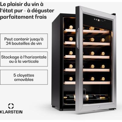 KLARSTEIN Cave &agrave; Vin  63L - Porte en Verre - Zone Unique - Vieillissement 24 Bouteilles - Argent 