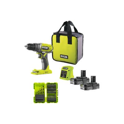 RYOBI Pack  Perceuse Visseuse R18DD2-220S - 18V One Plus - 2 batteries 2,0Ah - chargeur - Coffret antichocs empilable 38 accessoires - porte embouts