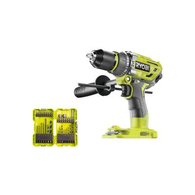 RYOBI Pack  - Perceuse-visseuse &agrave; percussion R18PD7-0 - Brushless One+ sans batterie ni chargeur - 32 accessoires per&ccedil;age - vissage - boulonnage 