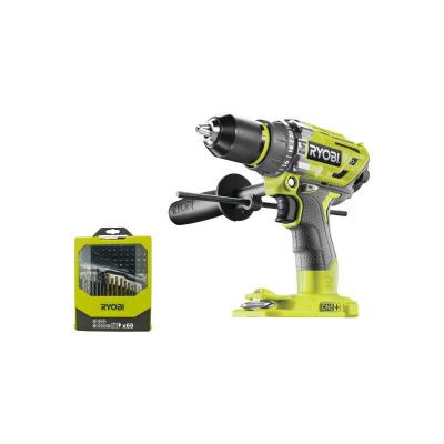 RYOBI Pack  Perceuse-visseuse &agrave; percussion R18PD7-0 Brushless One+ sans batterie ni chargeur - 69 accessoires pour per&ccedil;age et vissage RAK69MIX 
