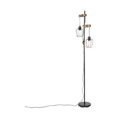 QAZQA Lampadaire rural noir avec bois 2 lumi&egrave;res - Stronk