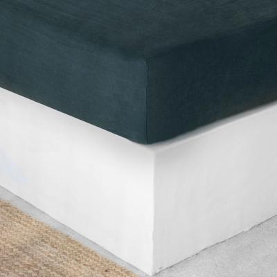 FEBRONIE Drap housse lin lav&eacute; bleu encre 140x190x30