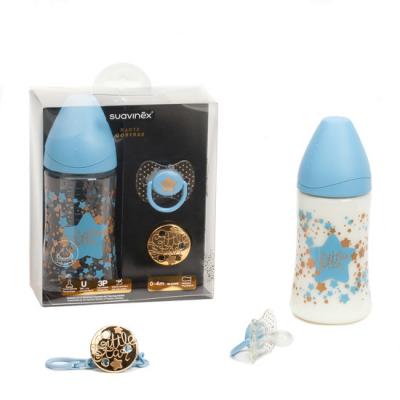 SUAVINEX  Pack Couture Biberon 270ml + Sucette 0-4m + Attache Sucette Bleu 