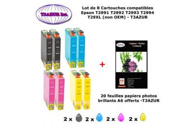  8 Pack compatible Epson T2991 T2992 T2993 T2994 pour Expression Home XP 235 245 247 332 335 342 345 432 435 442 445+PPA6-T3AZUR 