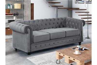 VENTE UNIQUE Canap&eacute; 3 places chesterfield - Velours gris clair - Gris clair
