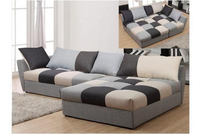 VENTE UNIQUE Canap&eacute; d'angle convertible en tissu ROMANE - Gris - Angle droit 