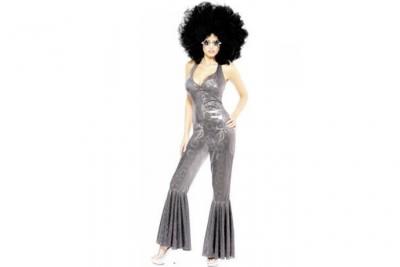 SMIFFYS  Costume de diva disco, combinaison pantalon &eacute;vas&eacute; argent&eacute; Medium