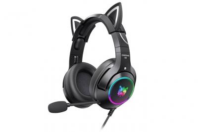 CHRONUS Onikuma casque de jeu rose avec oreilles de chat amovibles, pour ps5, ps4(noir)