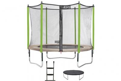 KANGUI Trampoline de jardin JUMPI Taupe/Vert 305 cm + filet + &eacute;chelle + b&acirc;che de protec