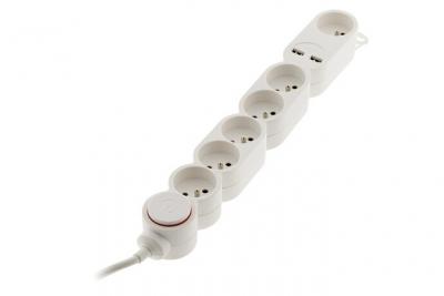 ZENITECH Bloc 6x16A + inter blanc c&acirc;ble HO5VV-F 3G1 1,5m + 2xUSB 2,1A &eacute;quip&eacute; d'une fiche extraplate