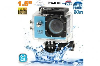 YONIS Camera embarqu&eacute;e sport caisson &eacute;tanche waterproof 12 mp full hd 1080p bleu 64go 