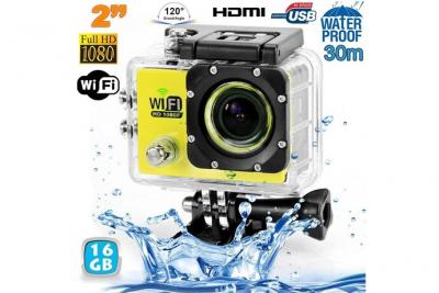YONIS Camera Embarqu&eacute;e Sports Wi-Fi LCD Caisson &Eacute;tanche Waterproof 12 Mp HD Jaune 16Go - 