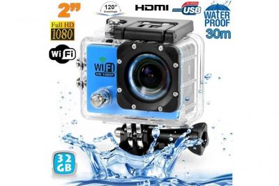 YONIS Camera Embarqu&eacute;e Sports Wi-Fi LCD Caisson &Eacute;tanche Waterproof Full HD Bleue 32Go 