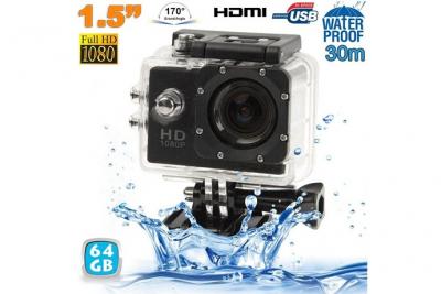 YONIS Cam&eacute;ra Sport &Eacute;tanche 30 M&egrave;tres Cam&eacute;ra Waterproof Action Full HD 1080P Noir 64Go 
